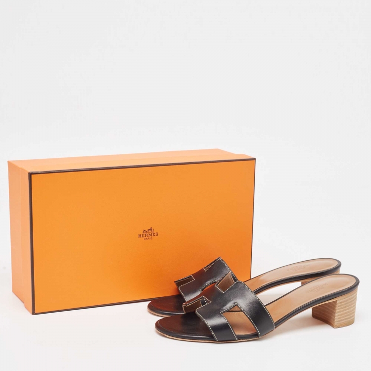 Pre Owned Hermes Black Leather Oasis Sandals Size 37.5