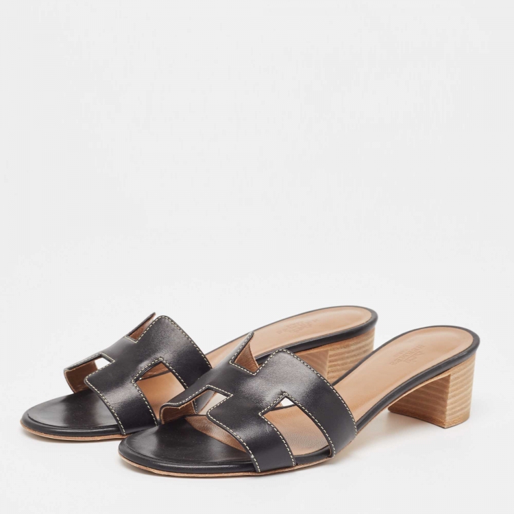Pre Owned Hermes Black Leather Oasis Sandals Size 37.5