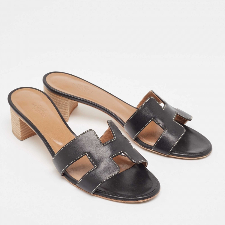 Pre Owned Hermes Black Leather Oasis Sandals Size 37.5