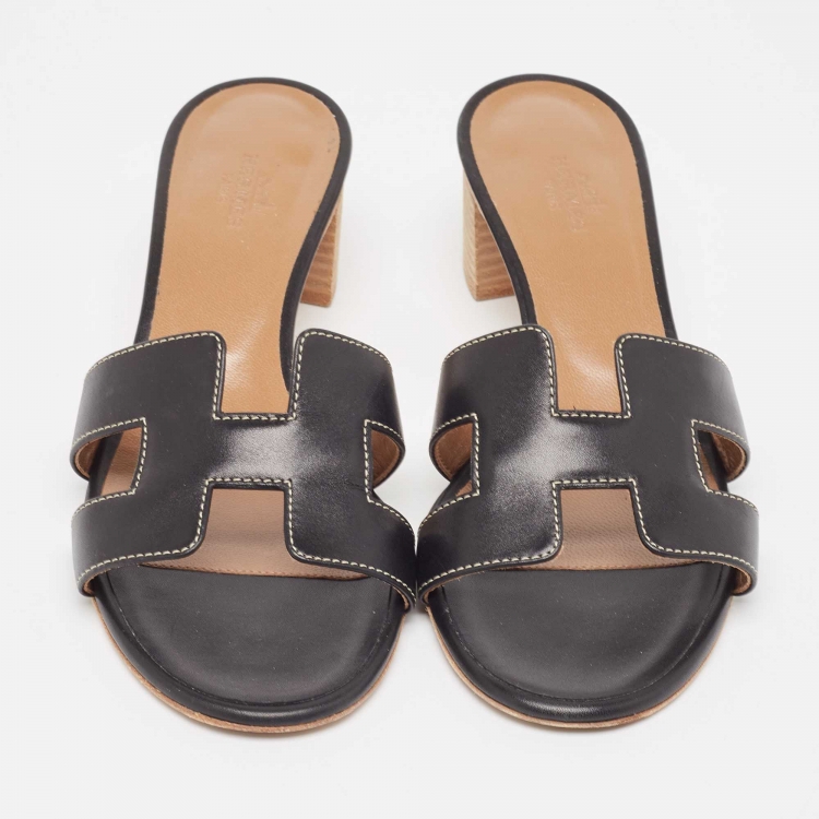 Pre Owned Hermes Black Leather Oasis Sandals Size 37.5