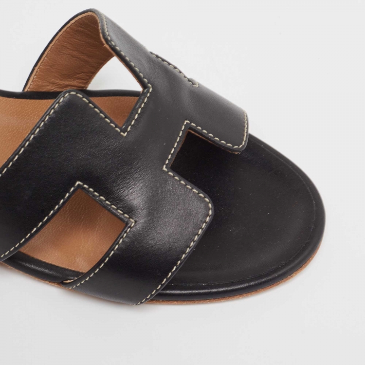 Pre Owned Hermes Black Leather Oasis Sandals Size 37.5