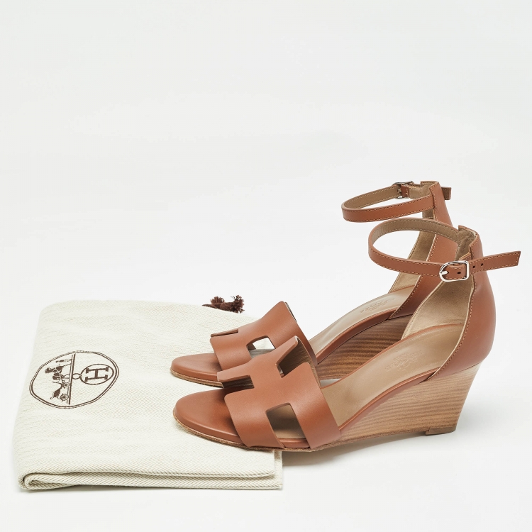 Pre Owned Hermes Brown Leather Legend Wedge Sandals Size 36