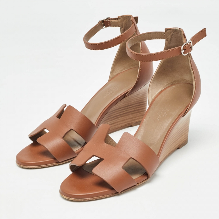 Pre Owned Hermes Brown Leather Legend Wedge Sandals Size 36