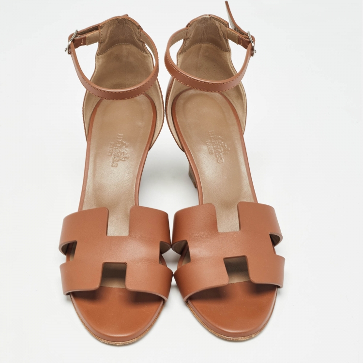 Pre Owned Hermes Brown Leather Legend Wedge Sandals Size 36