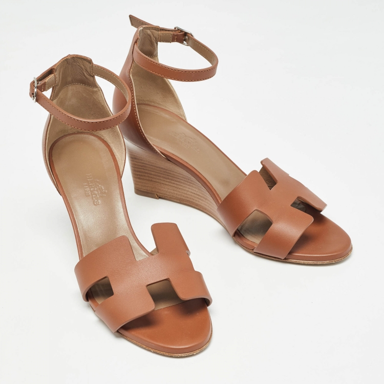 Pre Owned Hermes Brown Leather Legend Wedge Sandals Size 36