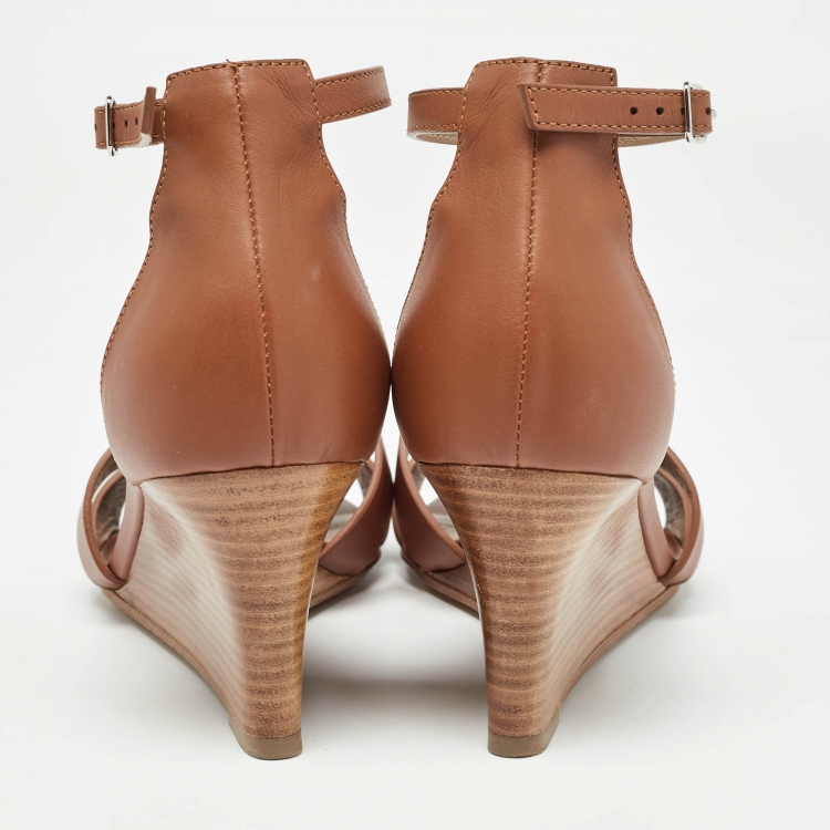 Pre Owned Hermes Brown Leather Legend Wedge Sandals Size 36