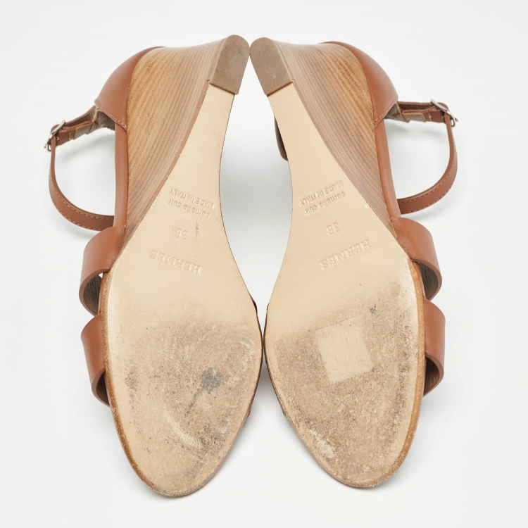 Pre Owned Hermes Brown Leather Legend Wedge Sandals Size 36