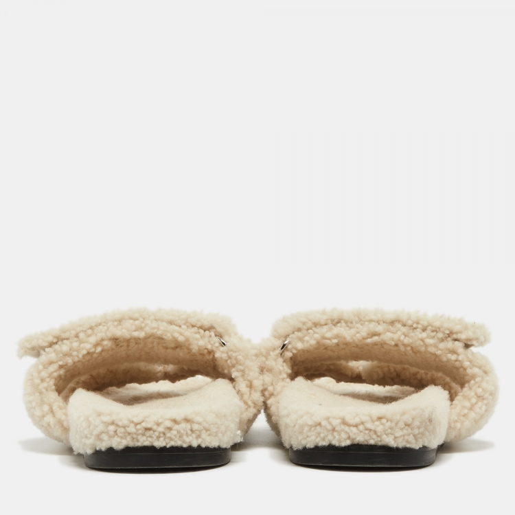 Pre Owned Hermes Off White Shearling Chypre Flat Slides Size 37