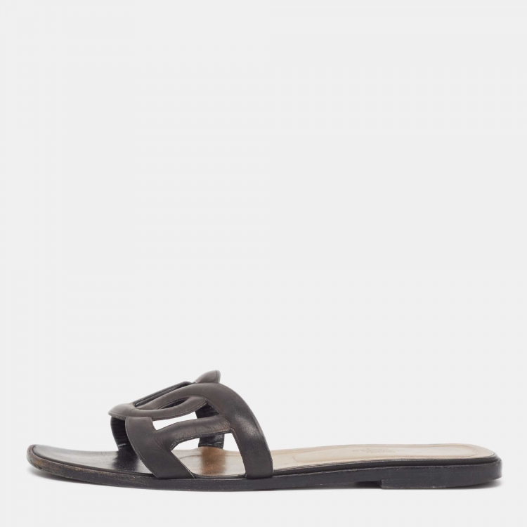 Pre Owned Hermes Black Leather Aloha Flat Slides Size 40