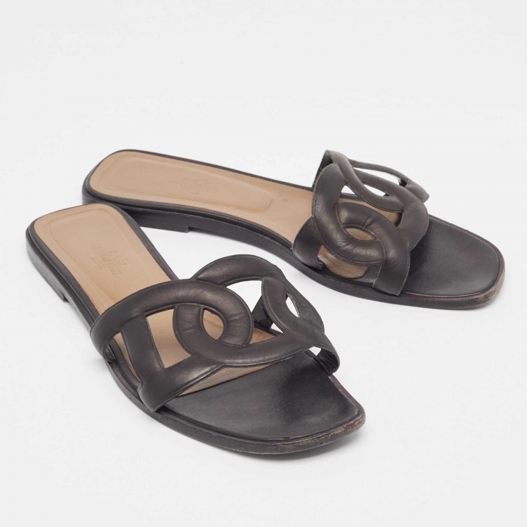 Pre Owned Hermes Black Leather Aloha Flat Slides Size 40