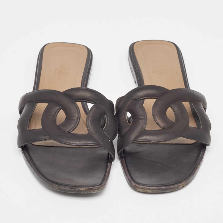 Pre Owned Hermes Black Leather Aloha Flat Slides Size 40