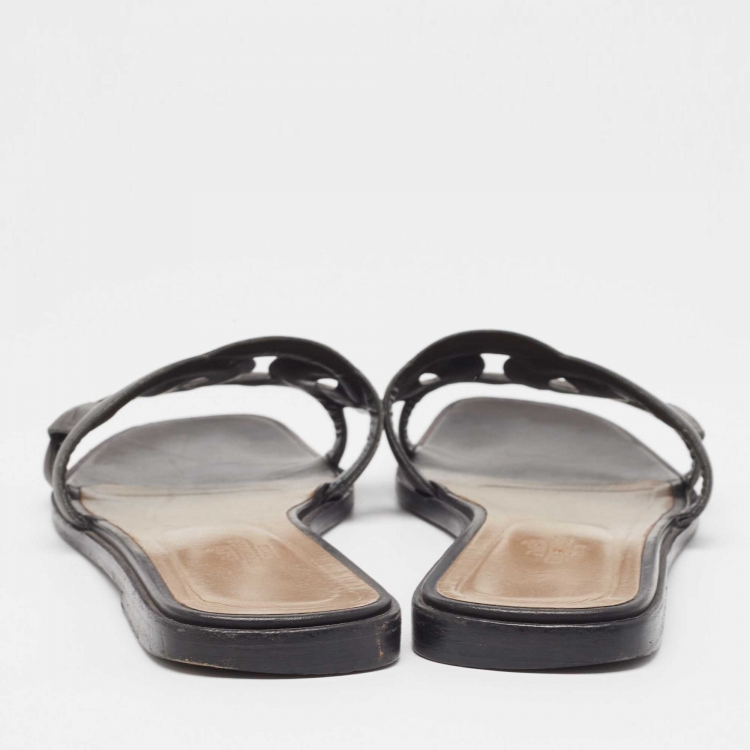 Pre Owned Hermes Black Leather Aloha Flat Slides Size 40