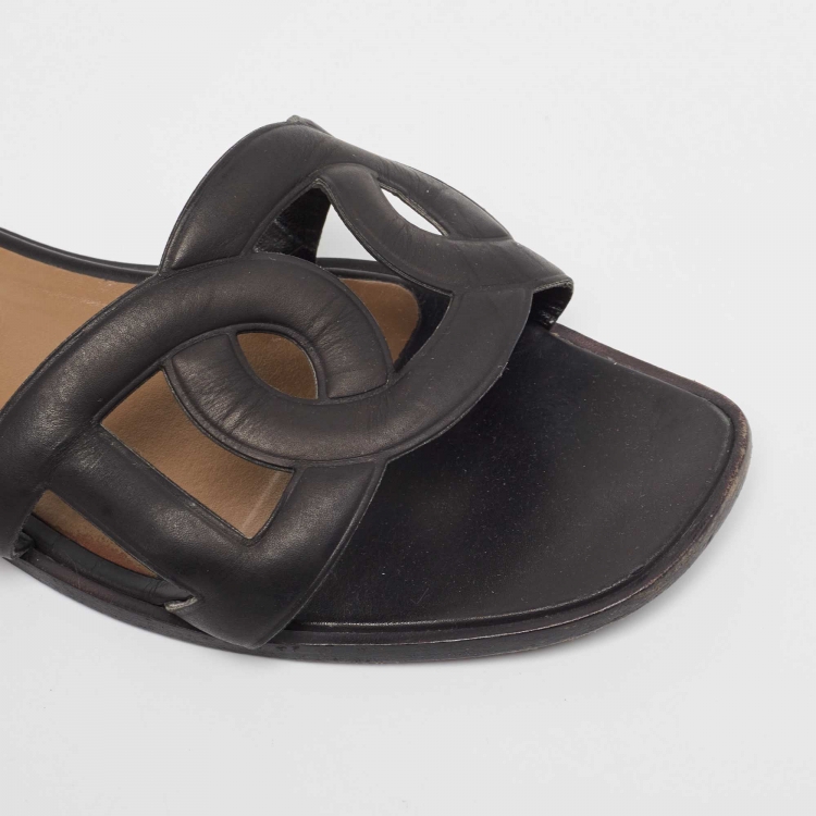 Pre Owned Hermes Black Leather Aloha Flat Slides Size 40