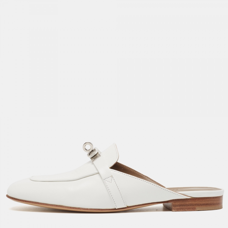 Pre Owned Hermes White Leather Oz Flat Mules Size 36.5