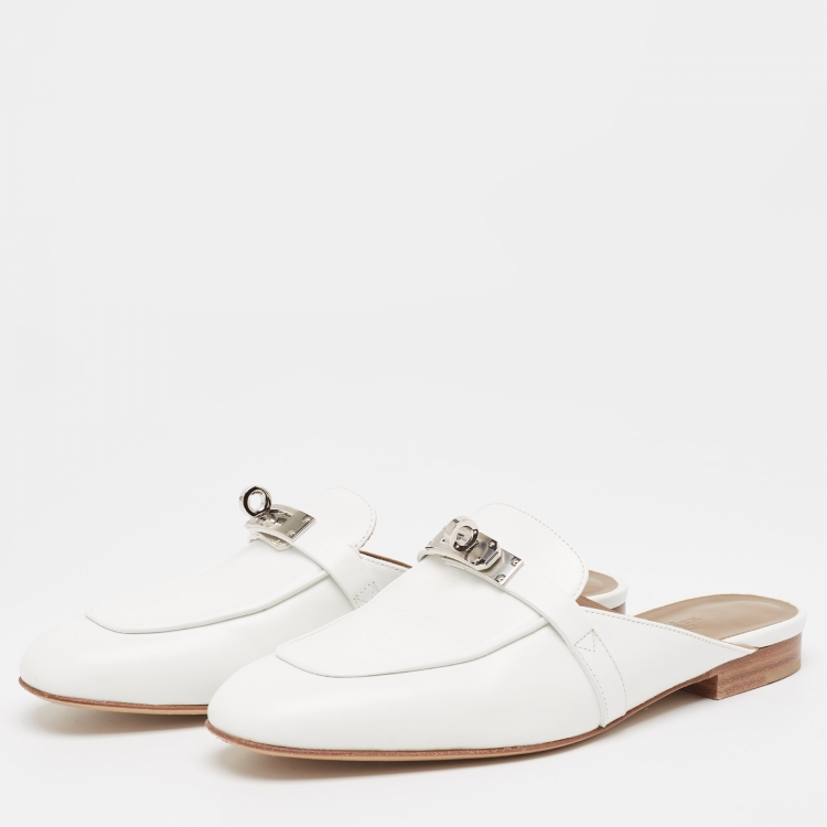 Pre Owned Hermes White Leather Oz Flat Mules Size 36.5