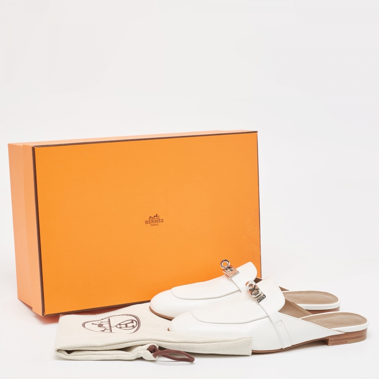 Pre Owned Hermes White Leather Oz Flat Mules Size 36.5