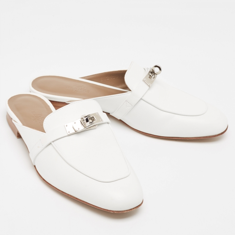 Pre Owned Hermes White Leather Oz Flat Mules Size 36.5