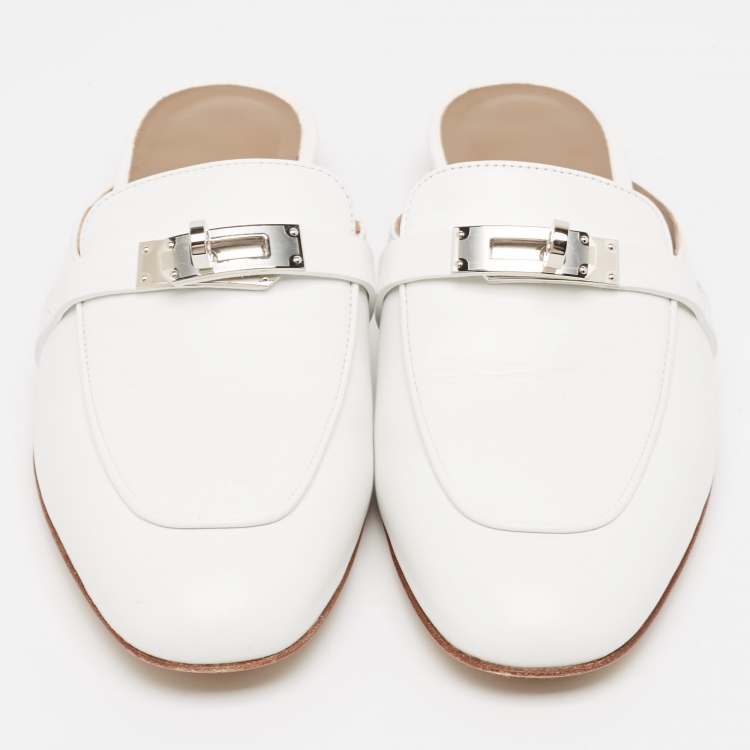 Pre Owned Hermes White Leather Oz Flat Mules Size 36.5