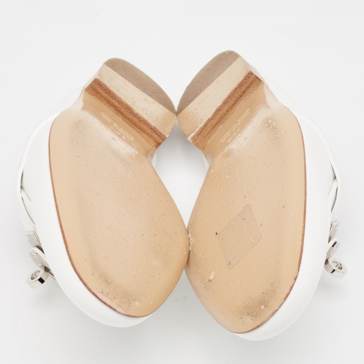 Pre Owned Hermes White Leather Oz Flat Mules Size 36.5