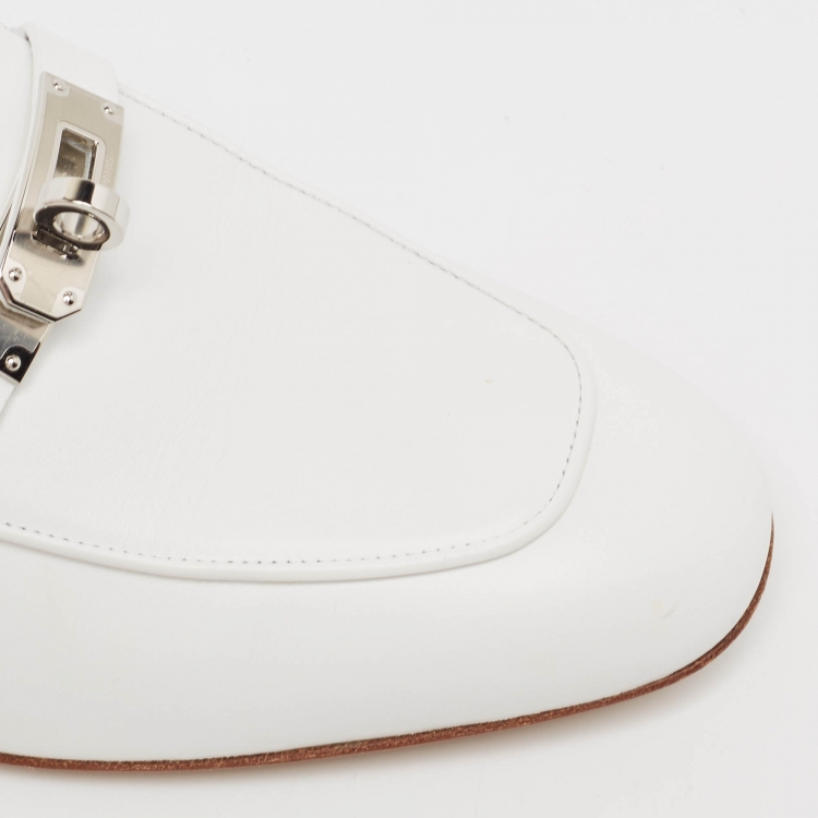 Pre Owned Hermes White Leather Oz Flat Mules Size 36.5