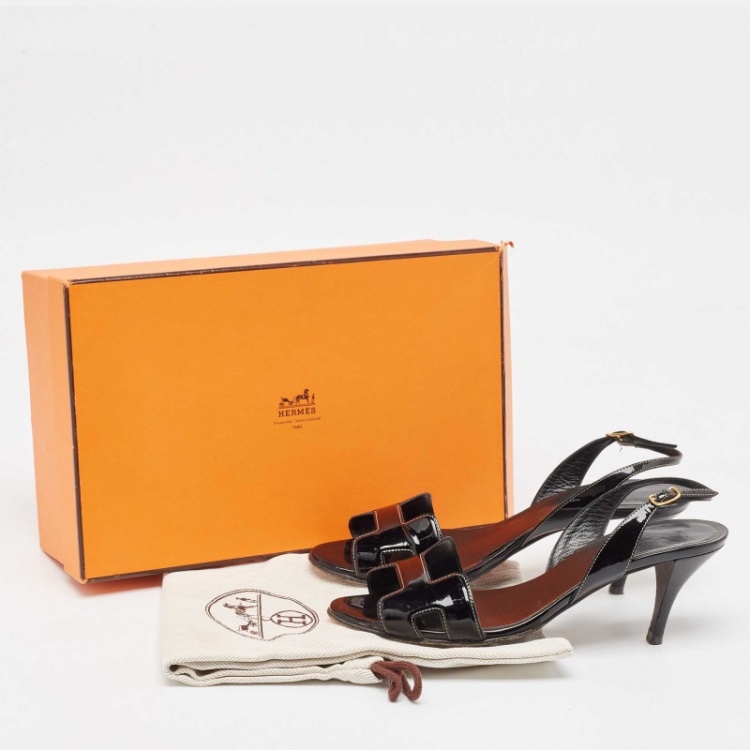 Pre Owned Hermes Black Patent Night Slingback Sandals Size 37.5