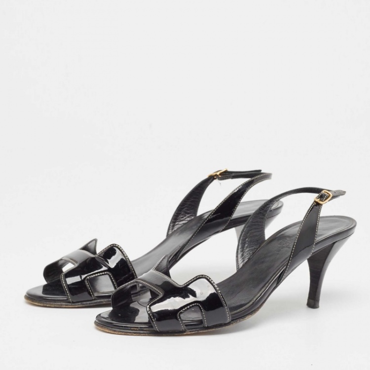 Pre Owned Hermes Black Patent Night Slingback Sandals Size 37.5
