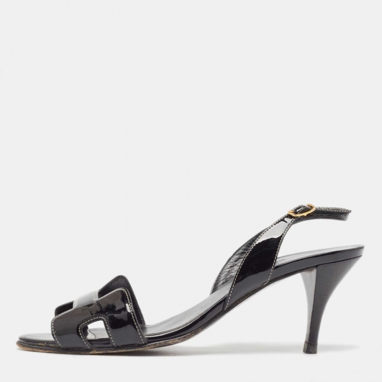 Pre Owned Hermes Black Patent Night Slingback Sandals Size 37.5