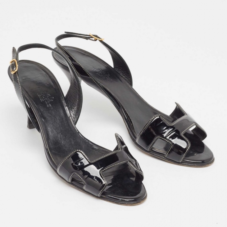 Pre Owned Hermes Black Patent Night Slingback Sandals Size 37.5