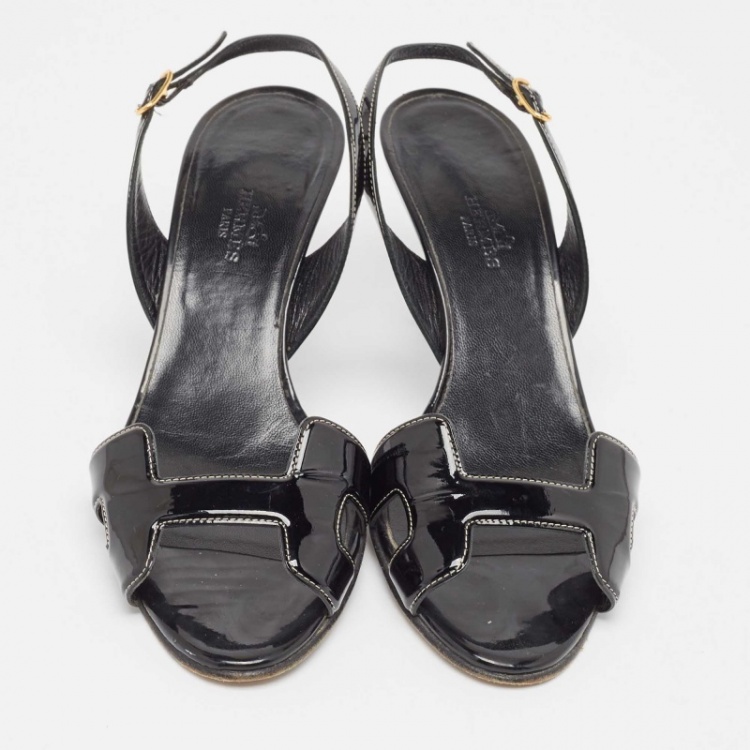 Pre Owned Hermes Black Patent Night Slingback Sandals Size 37.5