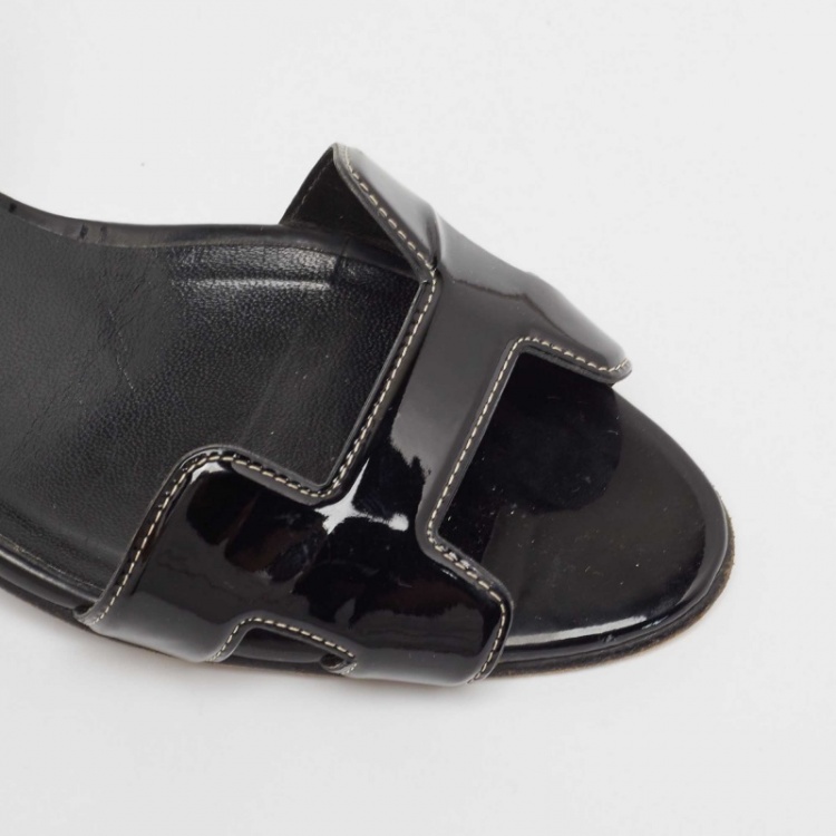 Pre Owned Hermes Black Patent Night Slingback Sandals Size 37.5