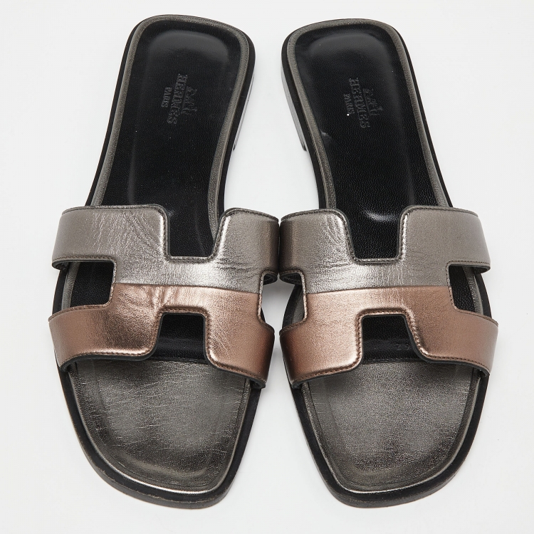 Pre Owned Hermes Metallic Leather Oran Flat Slides Size 40