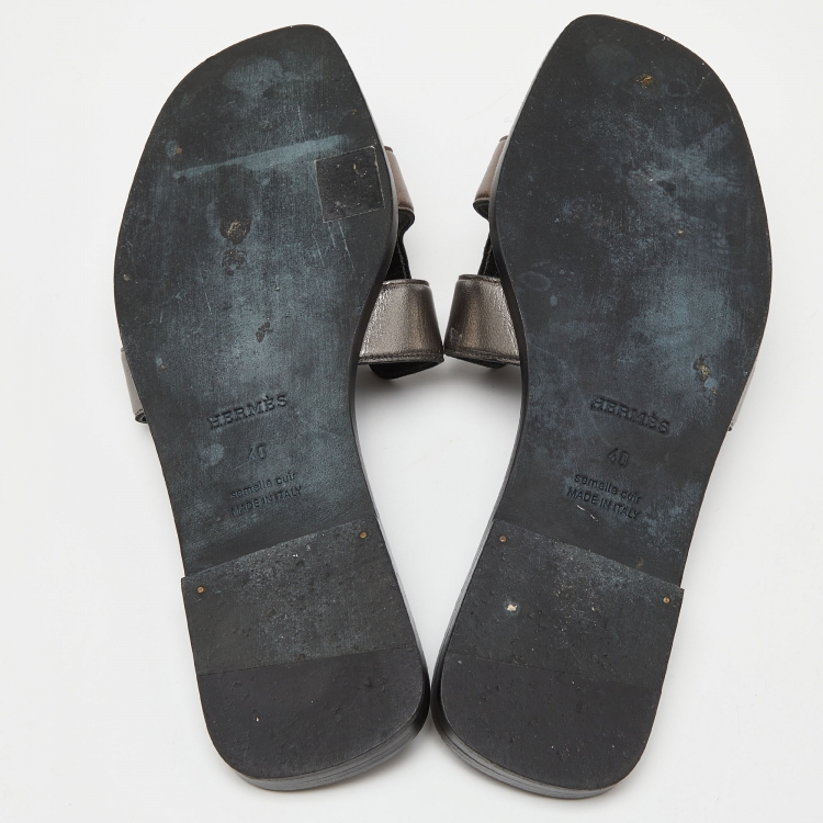 Pre Owned Hermes Metallic Leather Oran Flat Slides Size 40