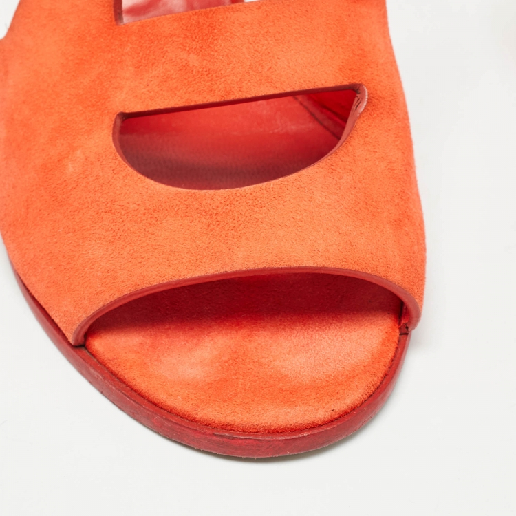 Pre Owned Hermes Orange Suede Mona Slide Sandals Size 37.5