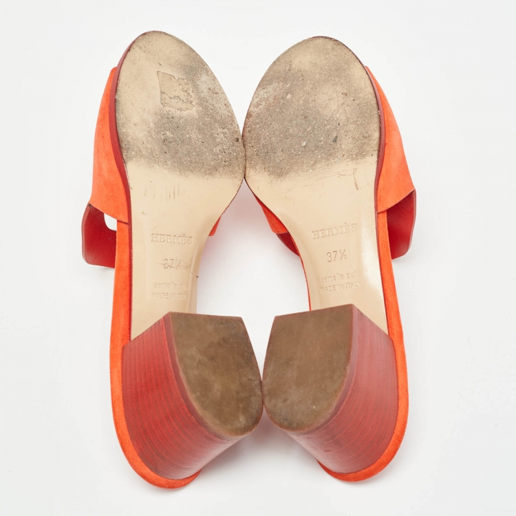 Pre Owned Hermes Orange Suede Mona Slide Sandals Size 37.5