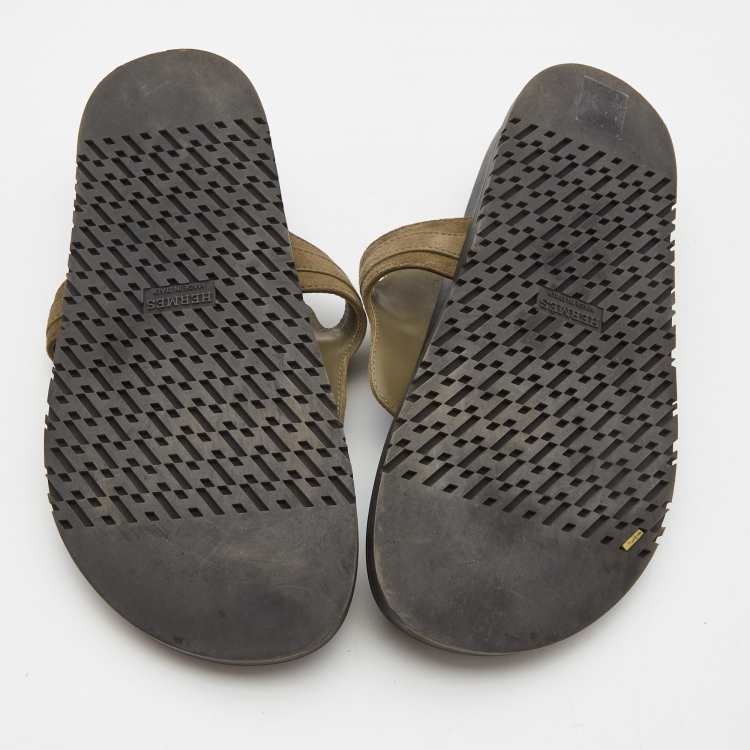 Pre Owned Hermes Green Suede Empire Flat Slides Size 38.5