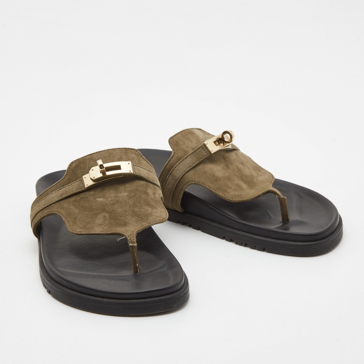 Pre Owned Hermes Green Suede Empire Flat Slides Size 38.5