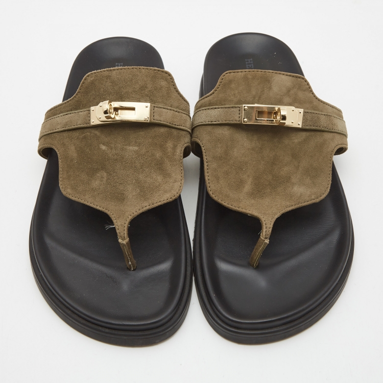 Pre Owned Hermes Green Suede Empire Flat Slides Size 38.5