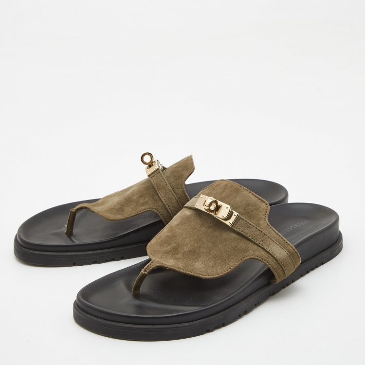 Pre Owned Hermes Green Suede Empire Flat Slides Size 38.5