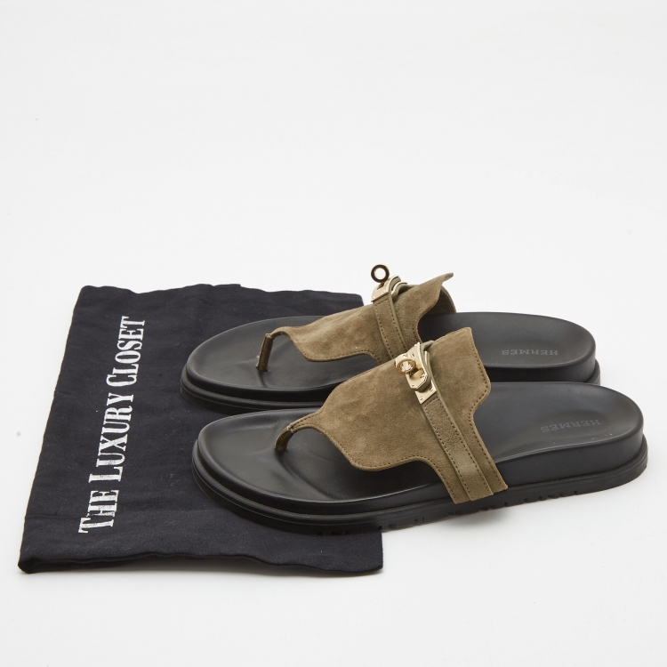 Pre Owned Hermes Green Suede Empire Flat Slides Size 38.5