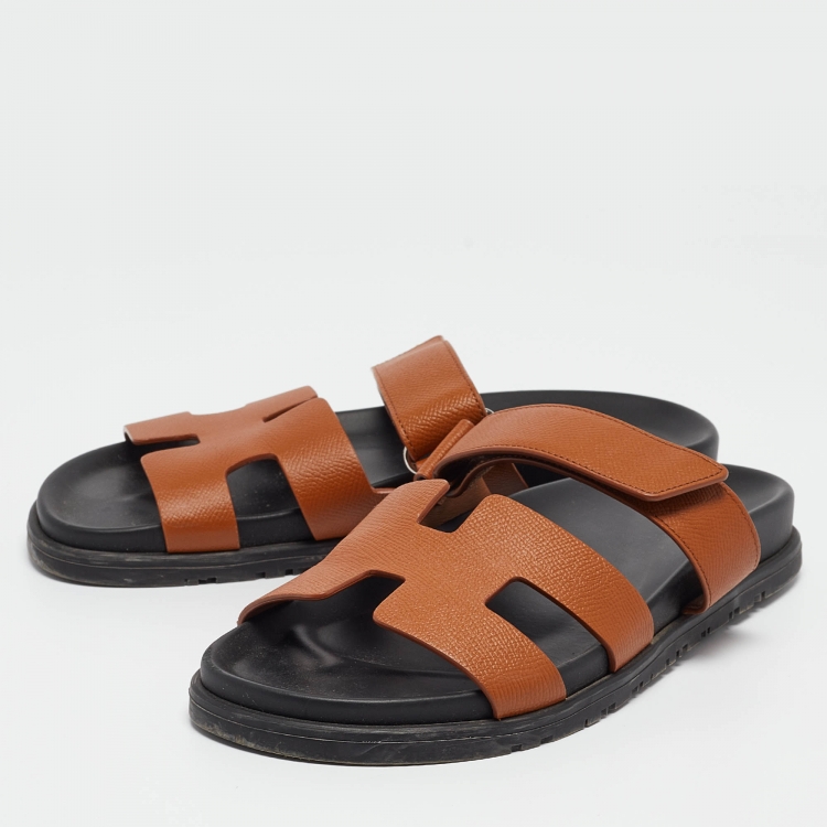 Pre Owned Hermes Brown Leather Chypre Flat Slides Size 39.5