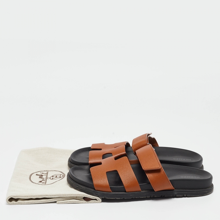 Pre Owned Hermes Brown Leather Chypre Flat Slides Size 39.5