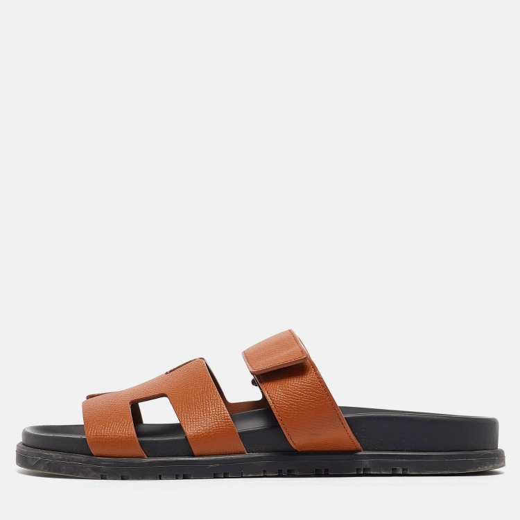 Pre Owned Hermes Brown Leather Chypre Flat Slides Size 39.5