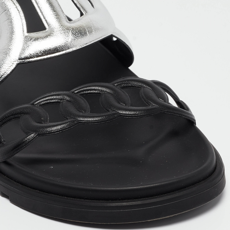 Pre Owned Hermes Black/Silver Leather Extra Sandals Size 40.5