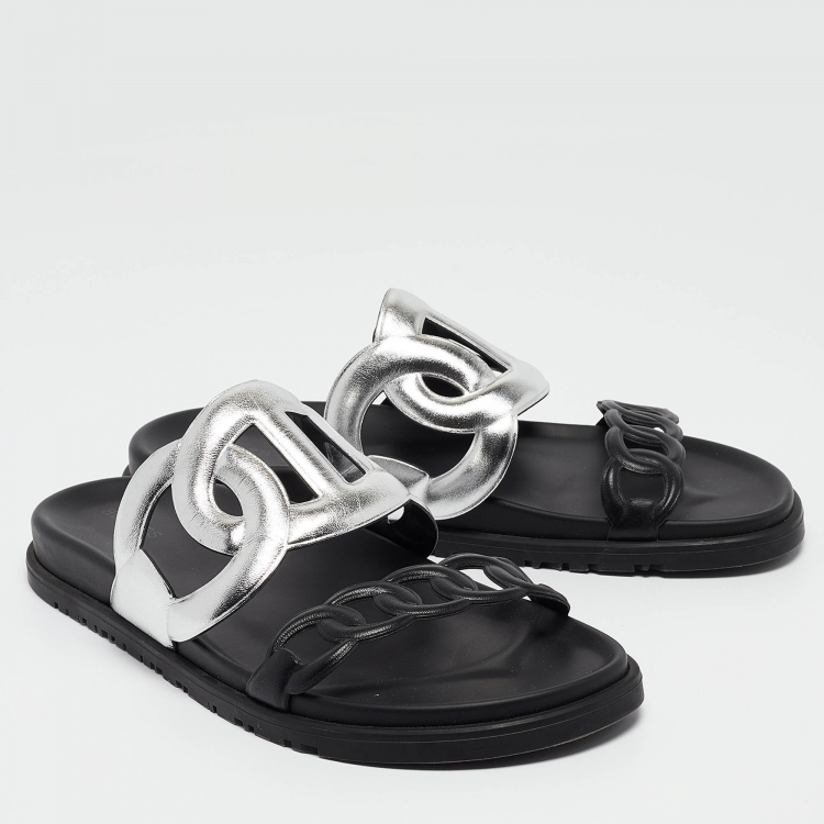 Pre Owned Hermes Black/Silver Leather Extra Sandals Size 40.5