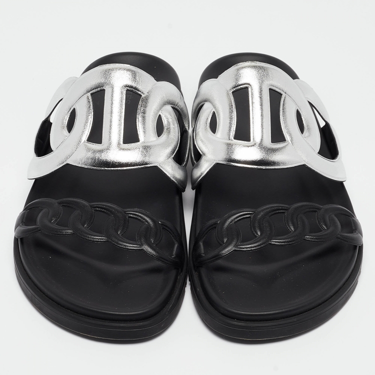 Pre Owned Hermes Black/Silver Leather Extra Sandals Size 40.5