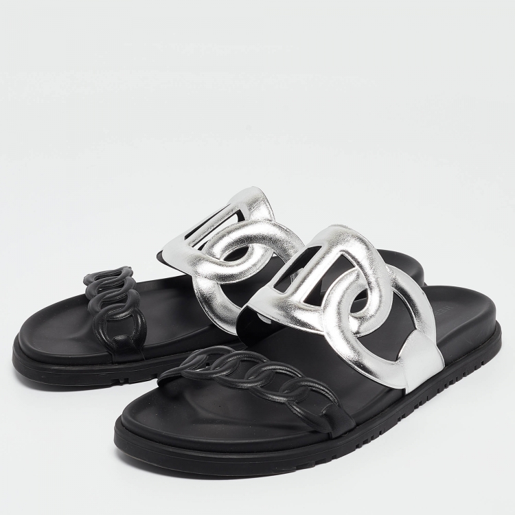 Pre Owned Hermes Black/Silver Leather Extra Sandals Size 40.5