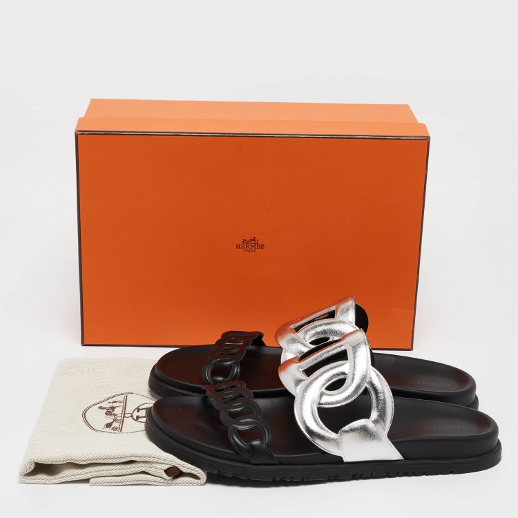 Pre Owned Hermes Black/Silver Leather Extra Sandals Size 40.5