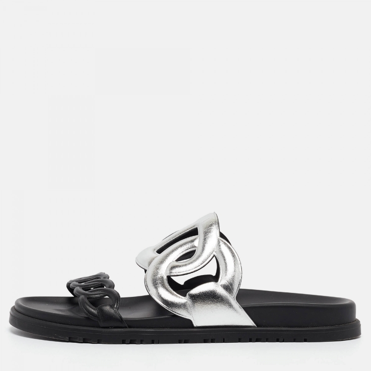 Pre Owned Hermes Black/Silver Leather Extra Sandals Size 40.5