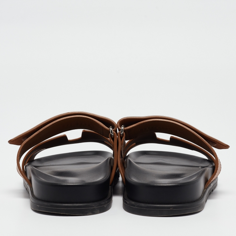 Pre Owned Hermes Tan Leather Chypre Slides Size 38.5