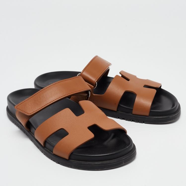 Pre Owned Hermes Tan Leather Chypre Slides Size 38.5